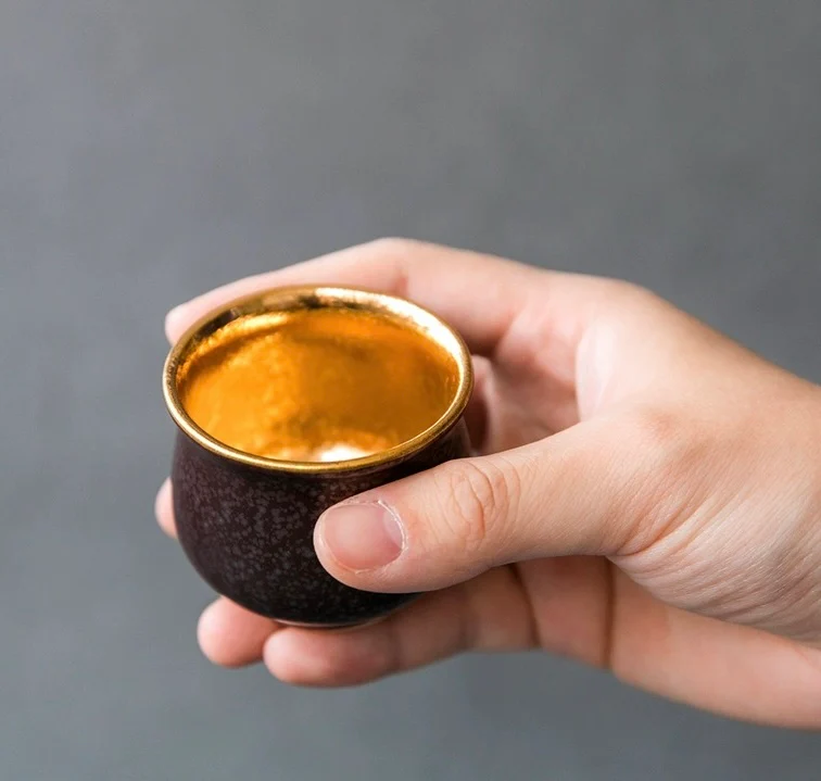 Arita-Yaki Handcrafted Vintage Gold and Silver Glaze Sake Cup Set - Image 4