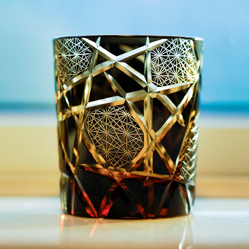 Edo Kiriko Hand-Carved Amber Lightning Pattern Whiskey Glass - Image 6