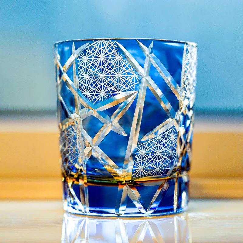 Edo Kiriko Hand-Carved Amber Lightning Pattern Whiskey Glass - Image 7