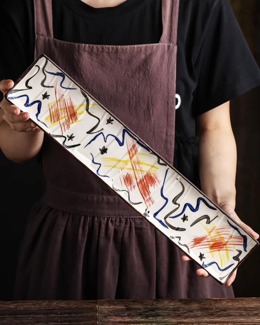 Fukutora Ware Hand-Painted Checkered Long Sushi Plate - Image 2
