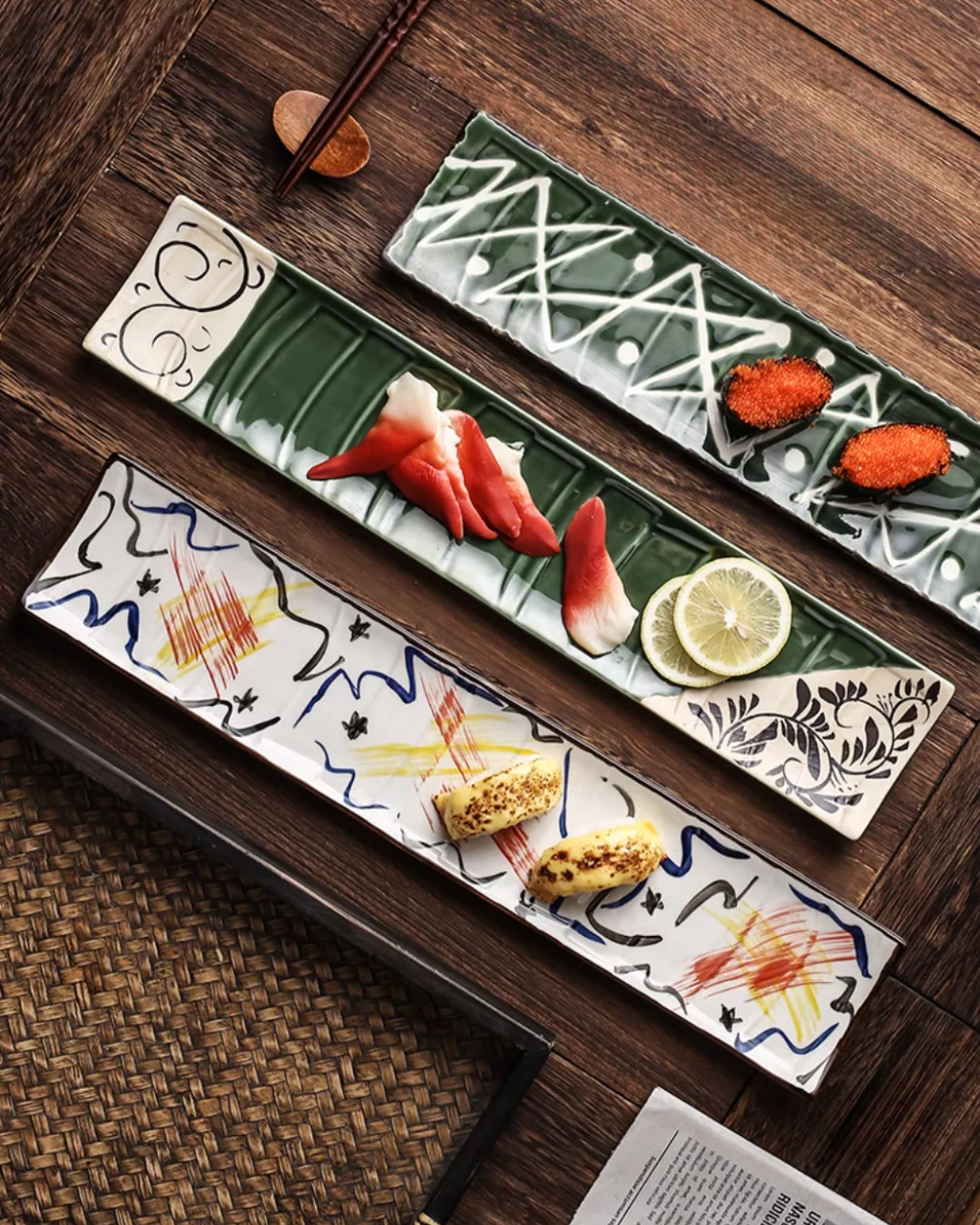 Fukutora Ware Hand-Painted Checkered Long Sushi Plate - Image 5