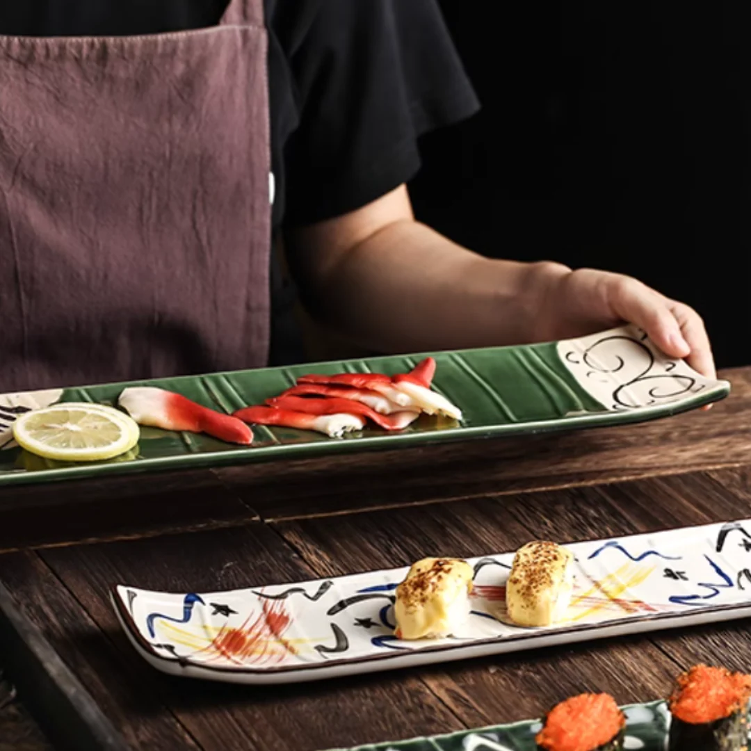 Fukutora Ware Hand-Painted Checkered Long Sushi Plate - Image 7