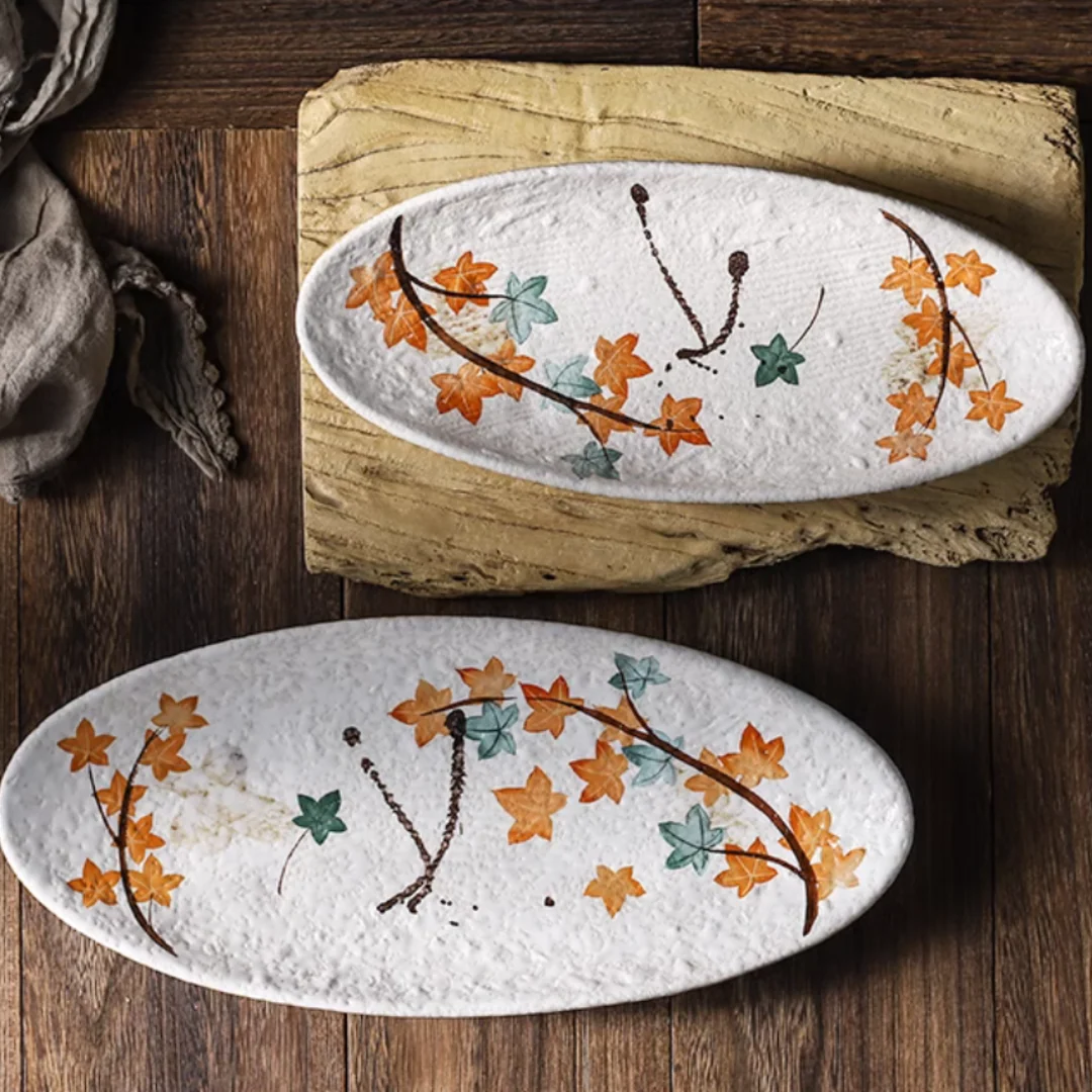 Fukutora Ware Hand-Painted Maple Leaf Sushi Plate - Image 2