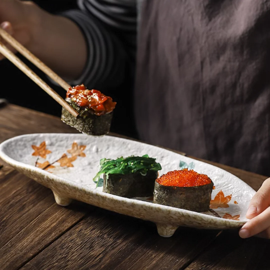 Fukutora Ware Hand-Painted Maple Leaf Sushi Plate - Image 5