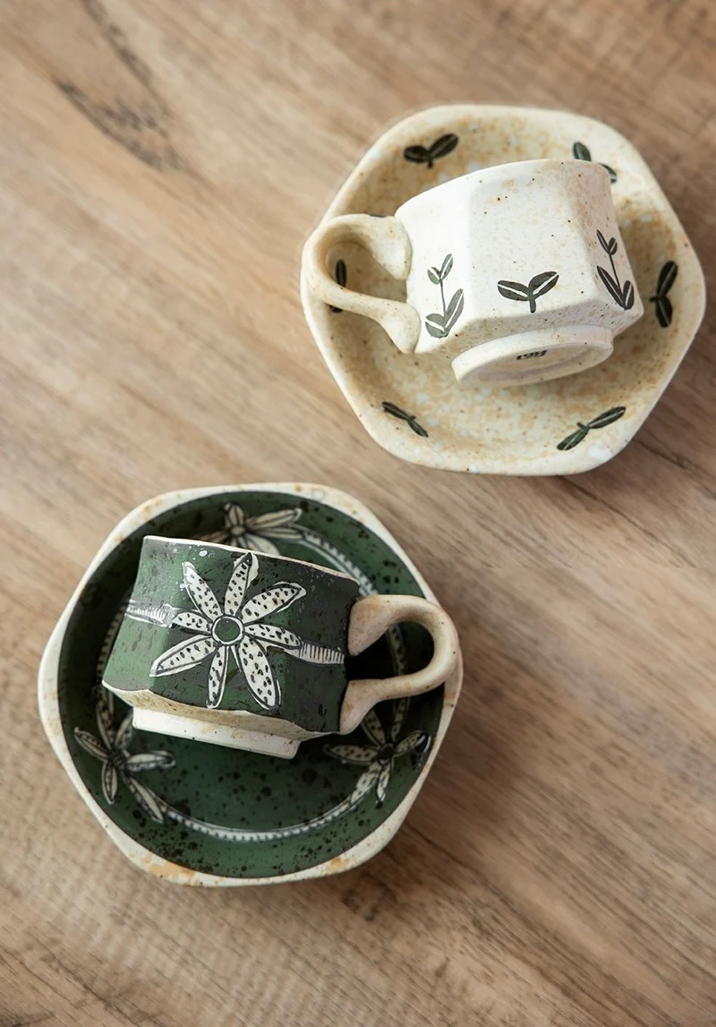 Hasami-Yaki Ceramic Hand-Painted Floral and Leaf Pattern Coffee Cup - Image 6