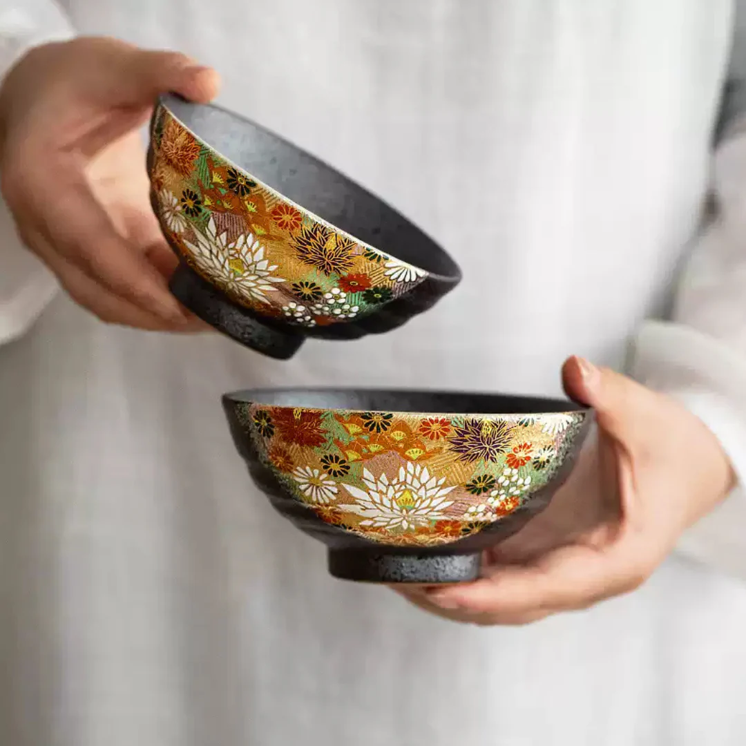 Kutani Ware Golden Floral Sea Rice Bowl Set - Image 10
