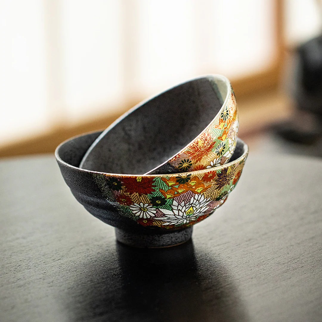 Kutani Ware Golden Floral Sea Rice Bowl Set - Image 8
