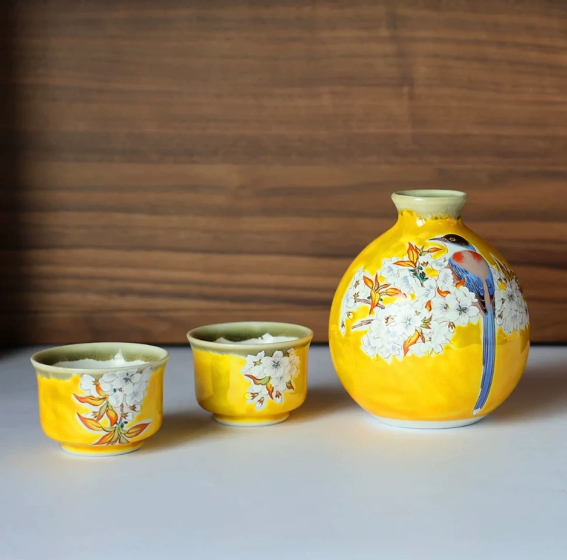 Kutani Ware Hand-Painted Cherry Blossom and Bird Sake Set - Image 8