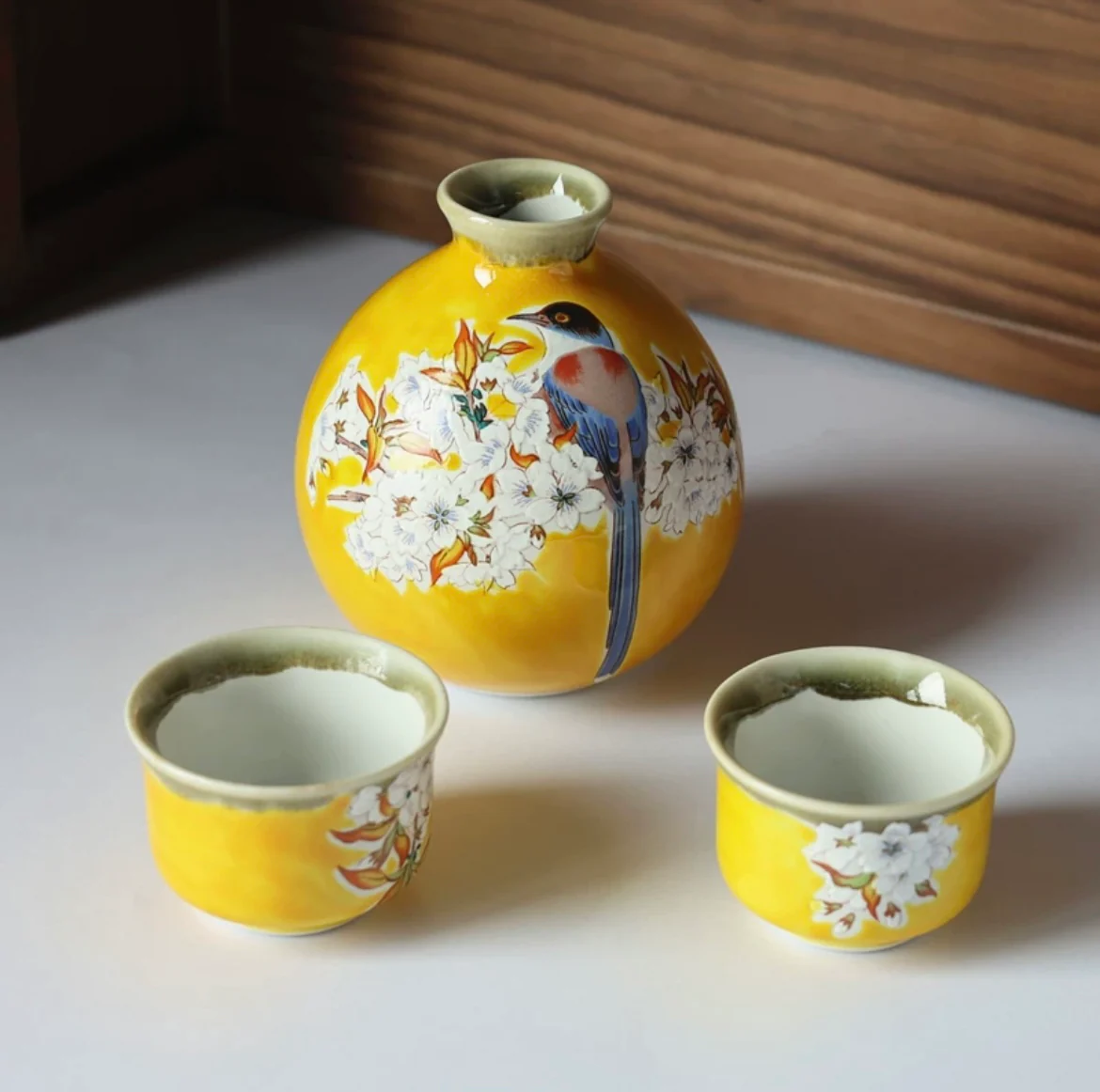 Kutani Ware Hand-Painted Cherry Blossom and Bird Sake Set - Image 9
