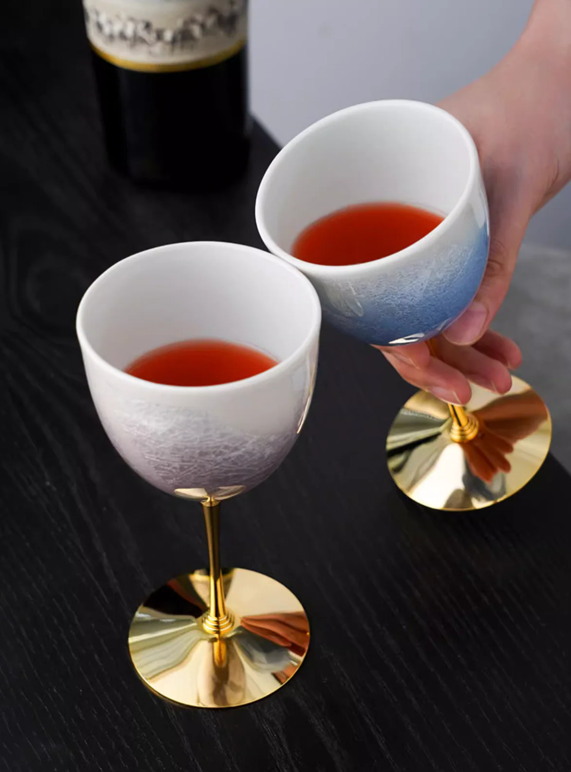 Kutani Ware Silver Two-Tone Ceramic Wine Glass Set - Image 8