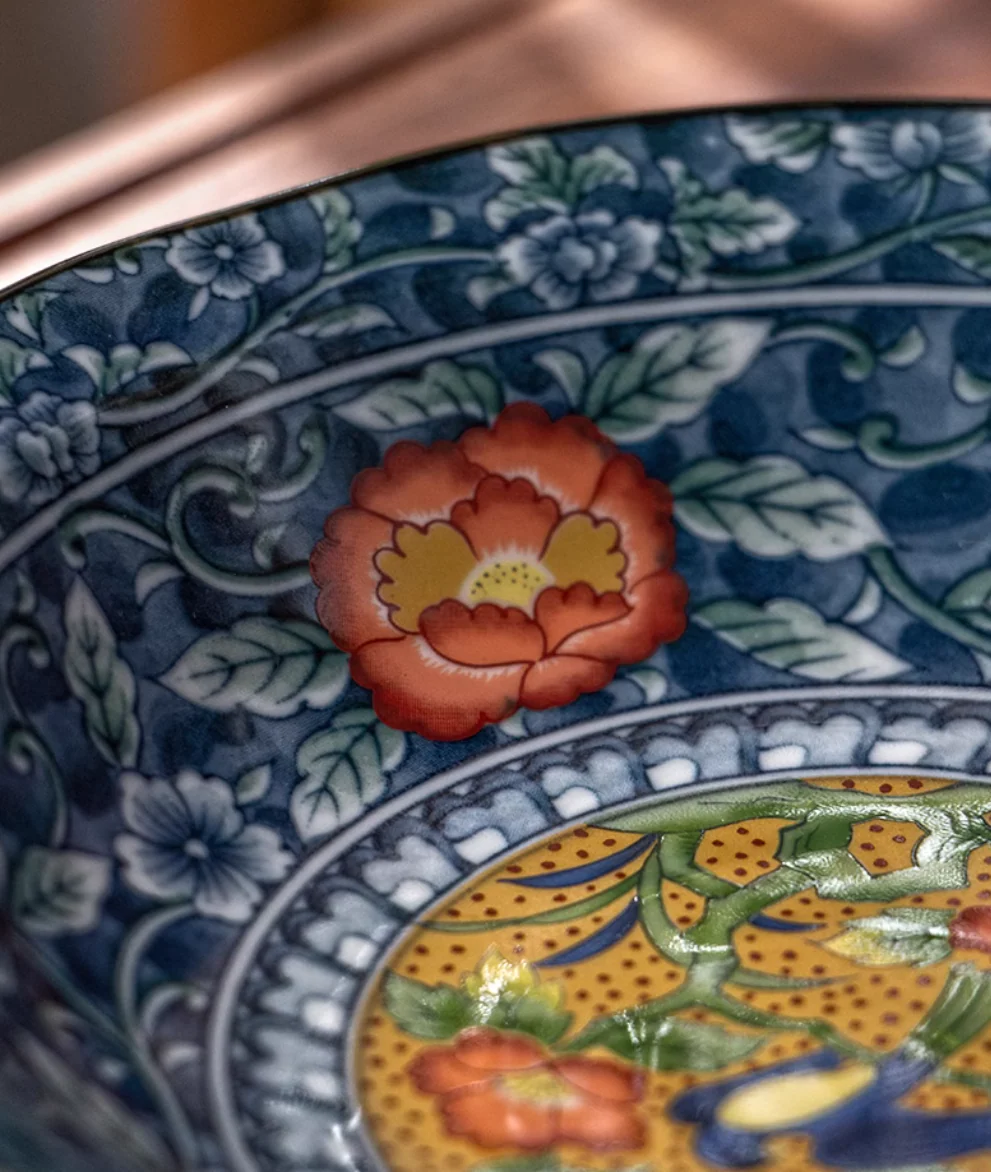 Mino Ware Imperial Style Red Floral and Bird Pattern Plate - Image 3