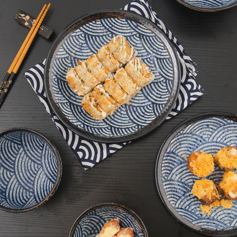 Mino Ware Wave Pattern Retro Underglaze Bowl and Plate Set - Image 12