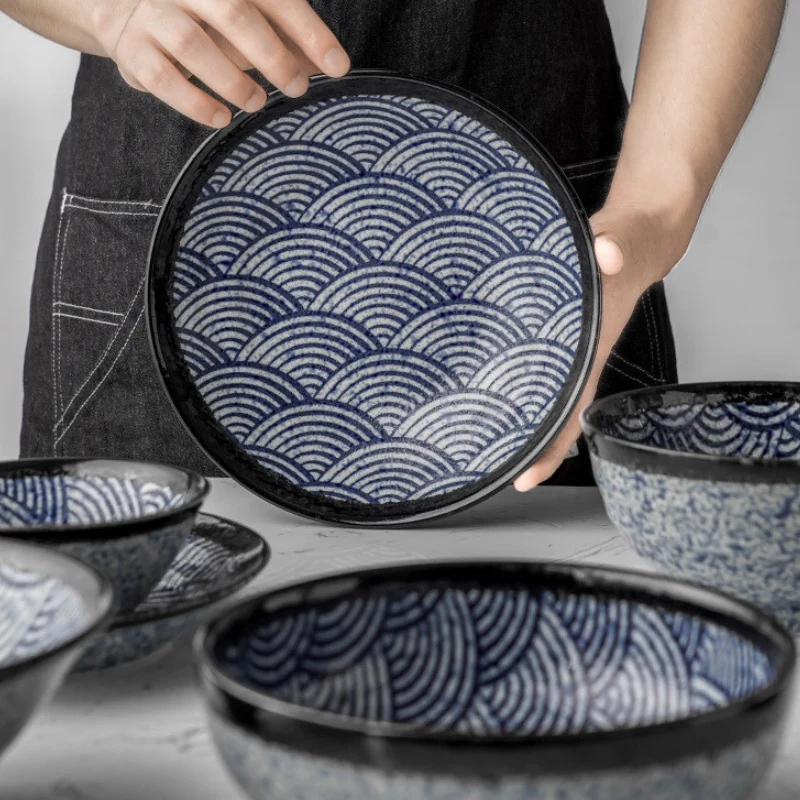 Mino Ware Wave Pattern Retro Underglaze Bowl and Plate Set - Image 2