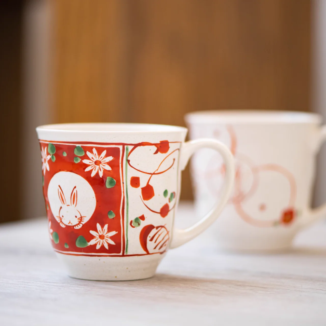 Mino Ware Wind, Flower, Snow & Rabbit Couple Mug Set – Wedding & Housewarming Gift - Image 2