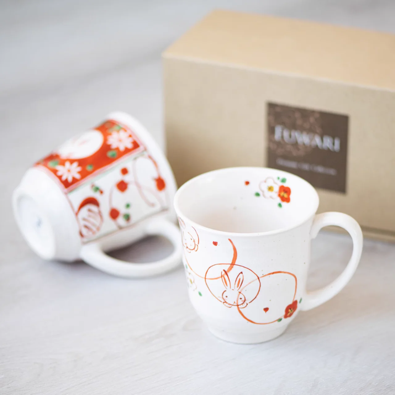Mino Ware Wind, Flower, Snow & Rabbit Couple Mug Set – Wedding & Housewarming Gift - Image 9