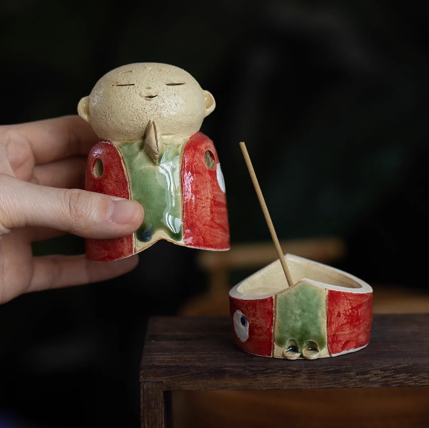 Seto Ware Handmade Rustic Clay Jizo Bodhisattva Incense Burner - Image 3