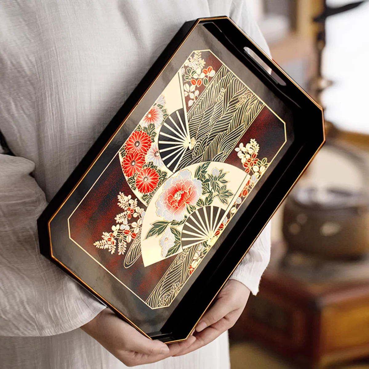 Yamanaka Shikki Gold Leaf Dancing Fan Tray - Image 8